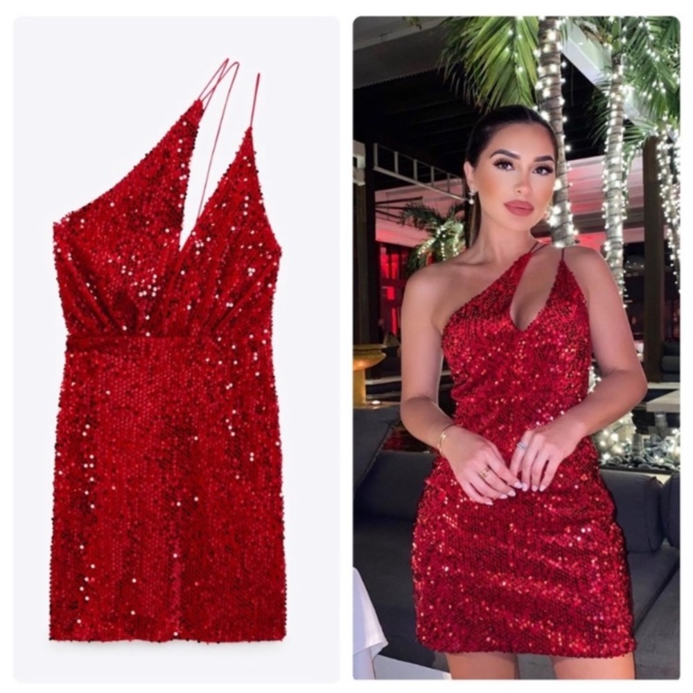 Zara Red Velvet Sequin Mini Dress Size XS NWT New With Tags One Shoulder Cutout